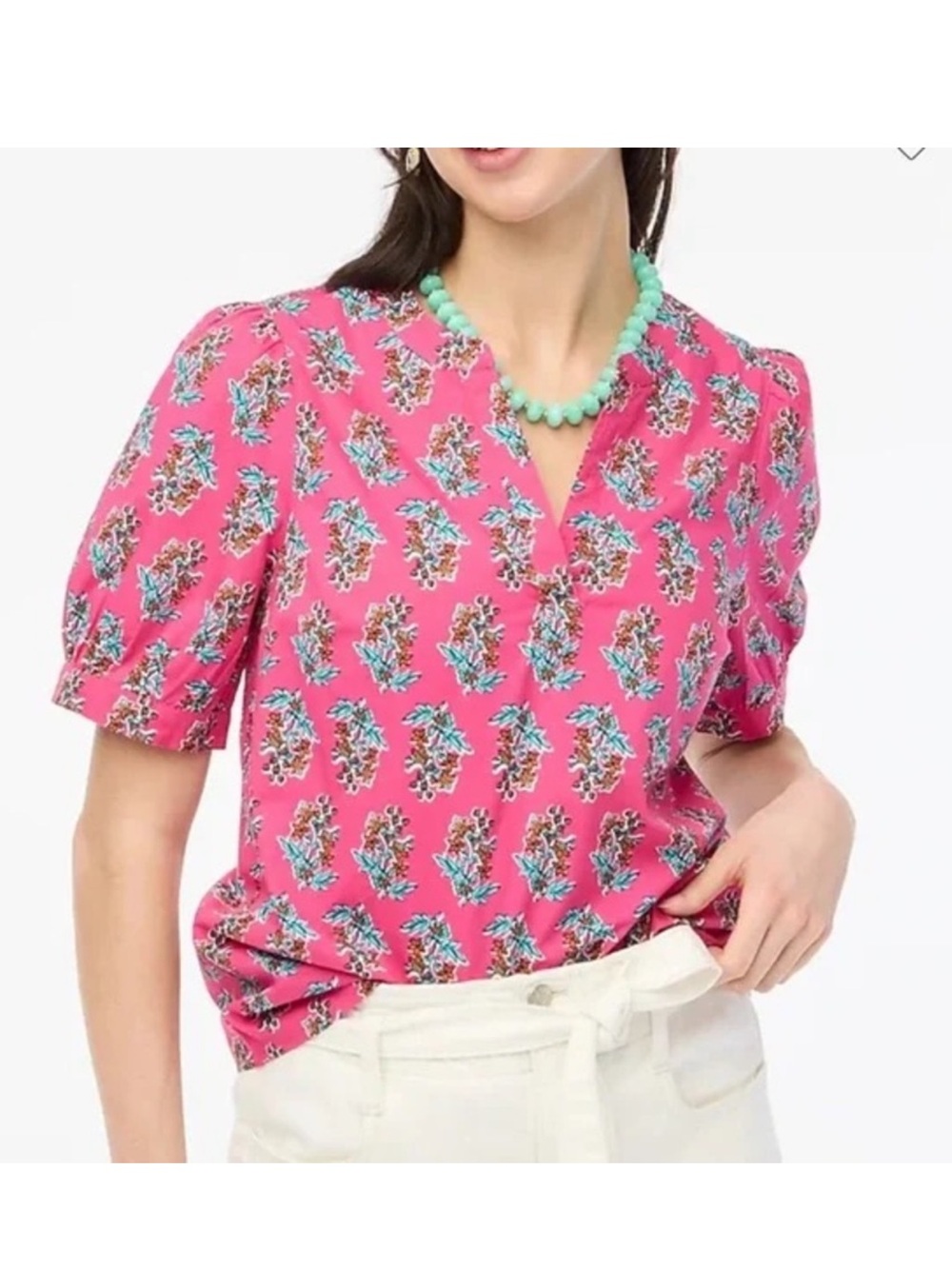 J. Crew Pink Floral V-Neck Puff Sleeve Cotton Poplin Blouse